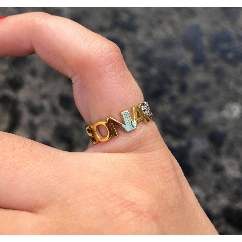 RING WITH TWO NAMES AND TWO ZIRCONIA HEARTS