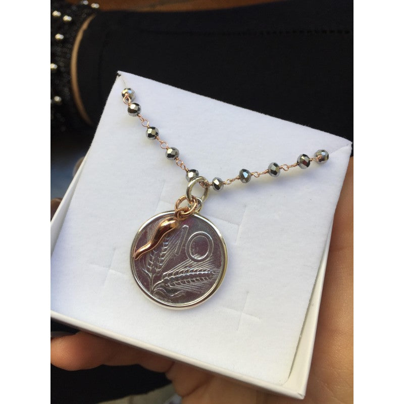 COLLANA CON CORNO E MEDAGLIA 10 LIRE