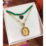 NECKLACE WITH GREEN CRYSTALS AND HEART WITH GREEN STONES 