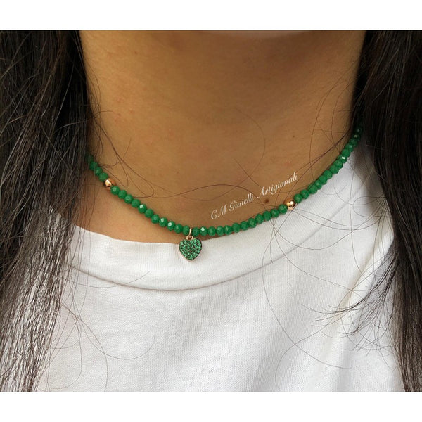 COLLANA CON CRISTALLI VERDI E CUORE CON PIETRE VERDI