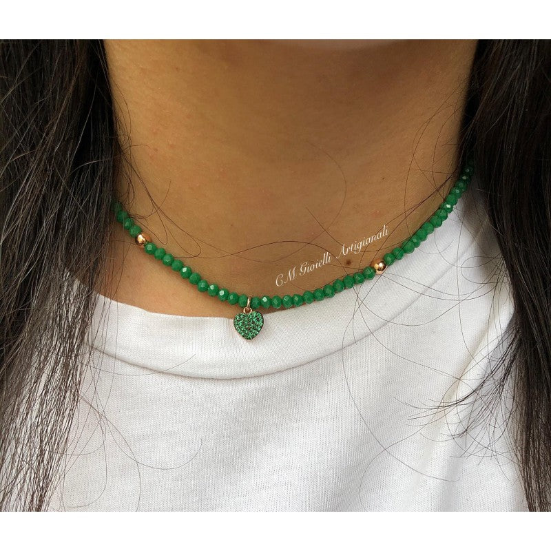 NECKLACE WITH GREEN CRYSTALS AND HEART WITH GREEN STONES 